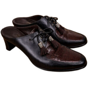 Brighton Embossed Tassel Mules Women’s Size 8M Black Brown Leather Dressy Heels